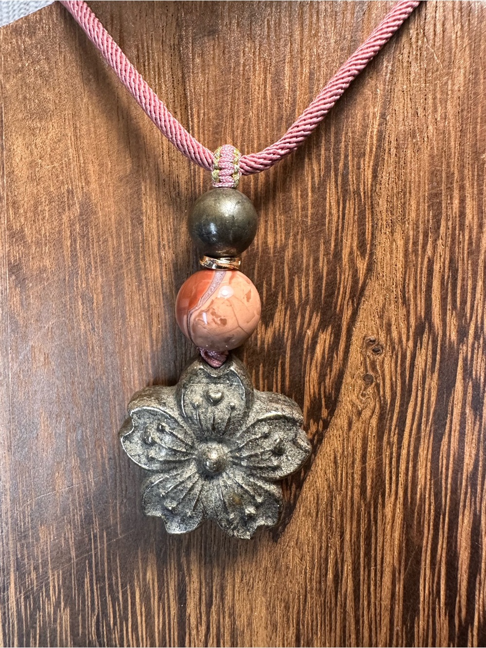 Pyrite Daisy Flower Pendant Necklace on Pink Adjustable Rope - Picture 8 of 15